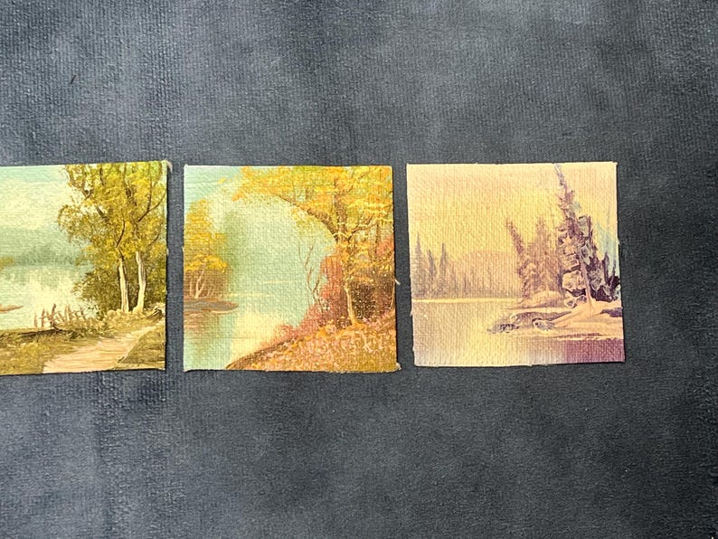 Four Seasons Paintings, Pleasant Miniature Countryside Scenes on Canvas, 4 Miniature Paintings