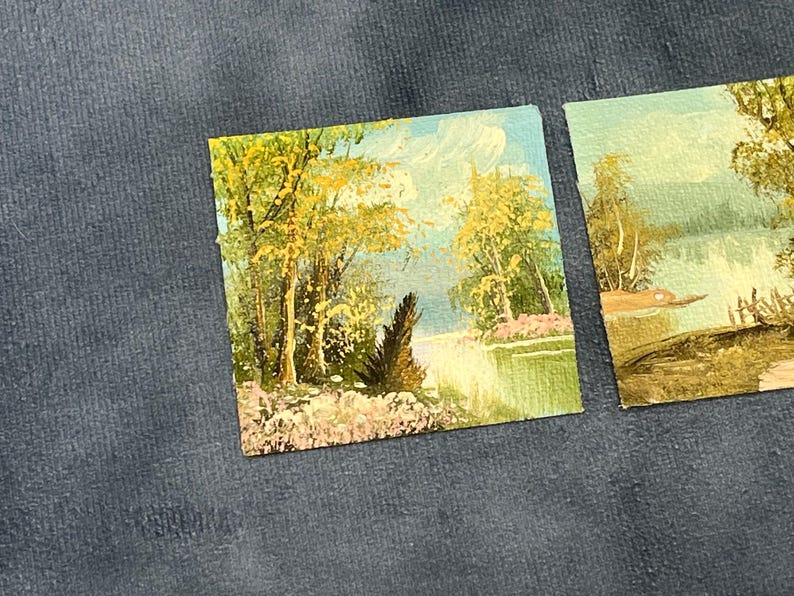 Four Seasons Paintings, Pleasant Miniature Countryside Scenes on Canvas, 4 Miniature Paintings