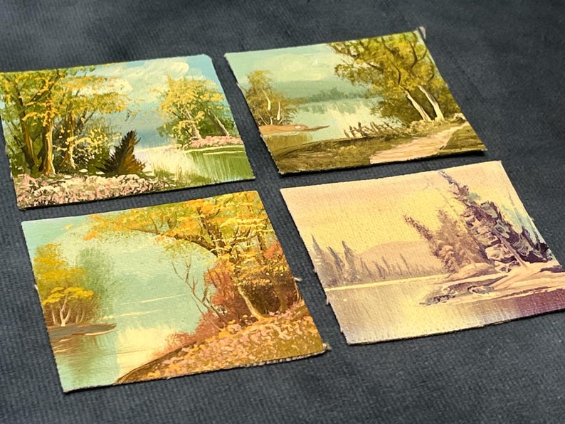 Four Seasons Paintings, Pleasant Miniature Countryside Scenes on Canvas, 4 Miniature Paintings
