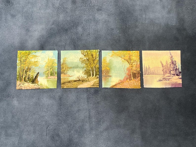 Four Seasons Paintings, Pleasant Miniature Countryside Scenes on Canvas, 4 Miniature Paintings