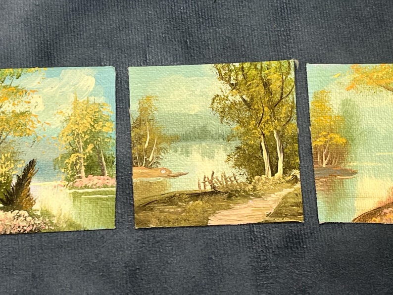 Four Seasons Paintings, Pleasant Miniature Countryside Scenes on Canvas, 4 Miniature Paintings