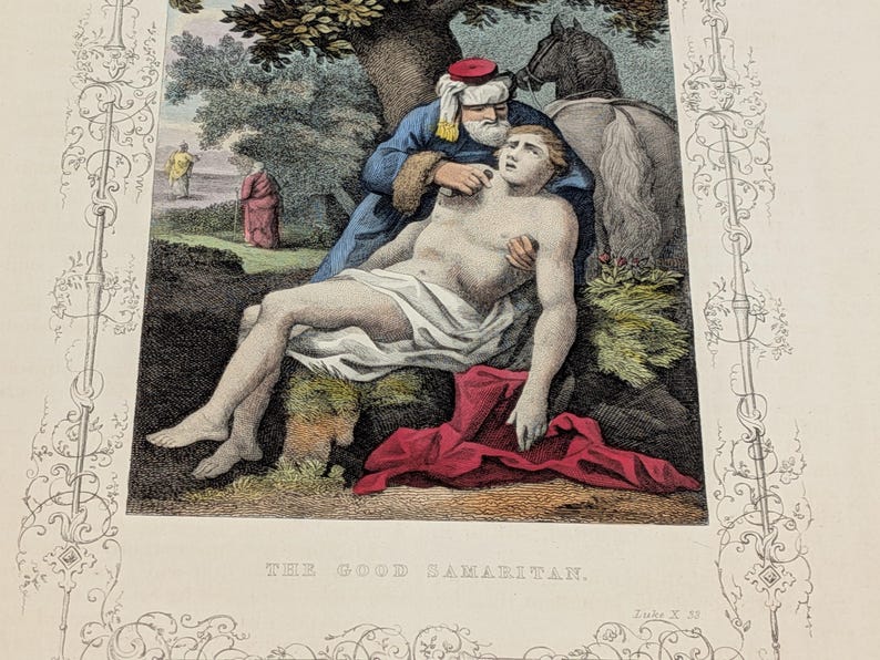 Antique Victorian Hand Coloured Engraving c.1860 – “The Good Samaritan” – Biblical Hand Painted Print