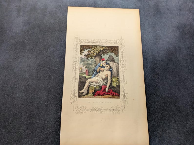 Antique Victorian Hand Coloured Engraving c.1860 – “The Good Samaritan” – Biblical Hand Painted Print
