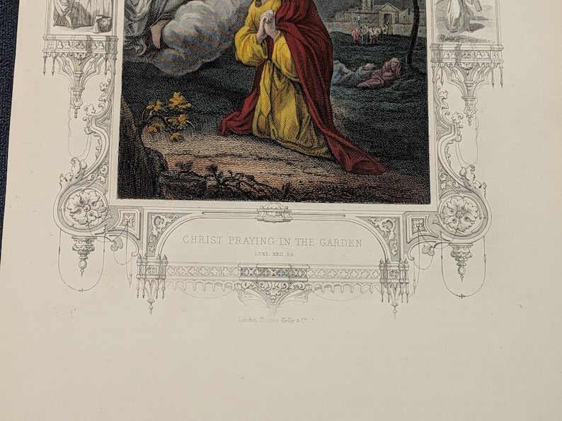 Antique Victorian Hand Coloured Engraving c.1860 – “Chtist Praying In The Garden” – Biblical Hand Painted Print