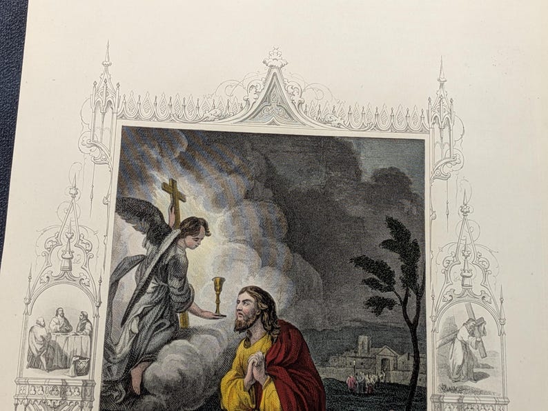Antique Victorian Hand Coloured Engraving c.1860 – “Chtist Praying In The Garden” – Biblical Hand Painted Print