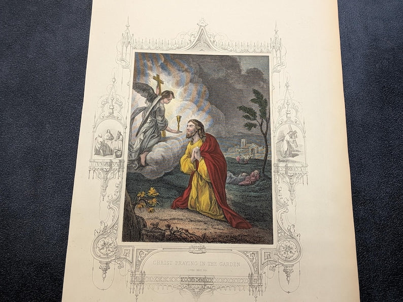 Antique Victorian Hand Coloured Engraving c.1860 – “Chtist Praying In The Garden” – Biblical Hand Painted Print