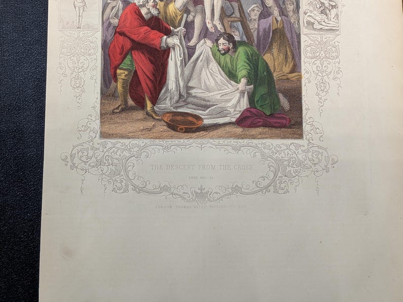 Antique Victorian Hand Coloured Engraving c.1860 – “The Descent From The Cross” – Biblical Hand Painted Print
