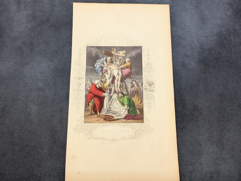 Antique Victorian Hand Coloured Engraving c.1860 – “The Descent From The Cross” – Biblical Hand Painted Print