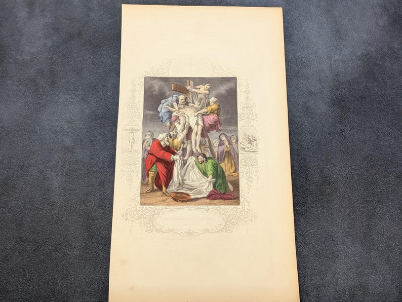 Antique Victorian Hand Coloured Engraving c.1860 – “The Descent From The Cross” – Biblical Hand Painted Print