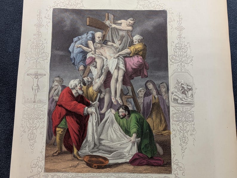 Antique Victorian Hand Coloured Engraving c.1860 – “The Descent From The Cross” – Biblical Hand Painted Print