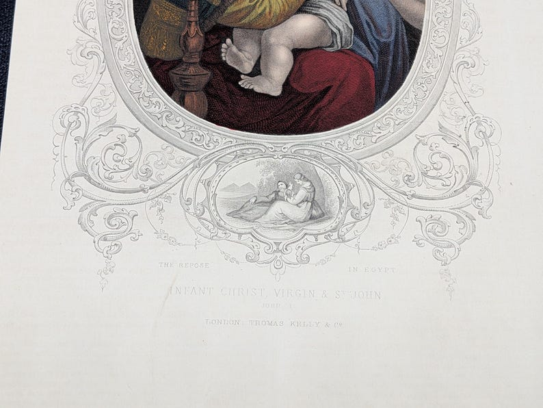 Antique Victorian Hand Coloured Engraving c.1860 – “Infant Christ Virgin & St John” – Biblical Hand Painted Print