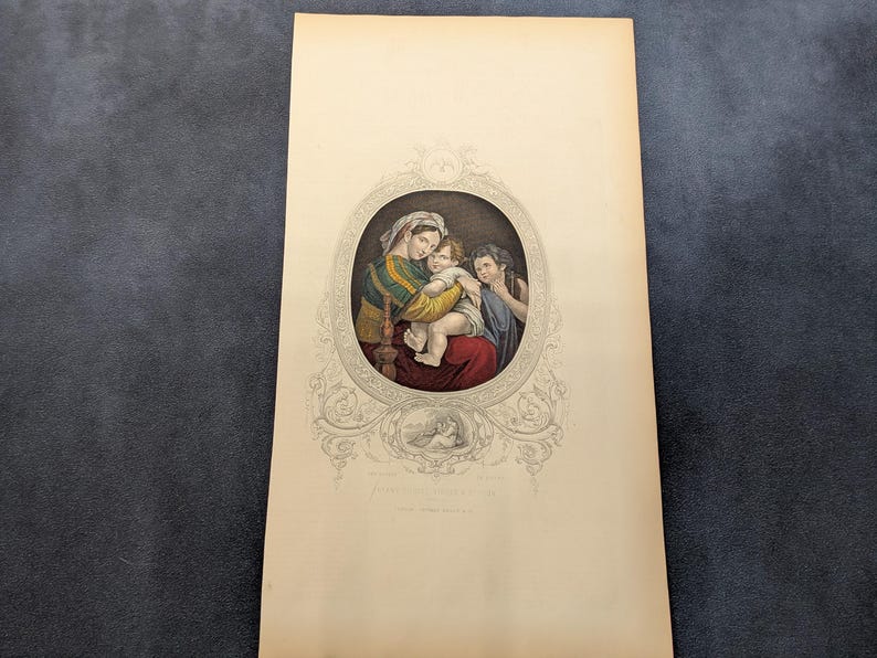 Antique Victorian Hand Coloured Engraving c.1860 – “Infant Christ Virgin & St John” – Biblical Hand Painted Print