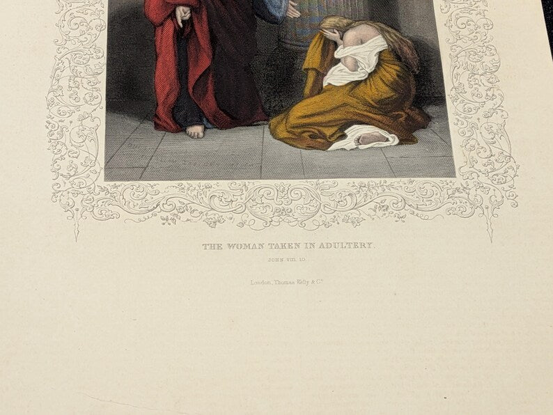 Antique Victorian Hand Coloured Engraving c.1860 – “The Woman Taken In Adultery” – Biblical Hand Painted Print