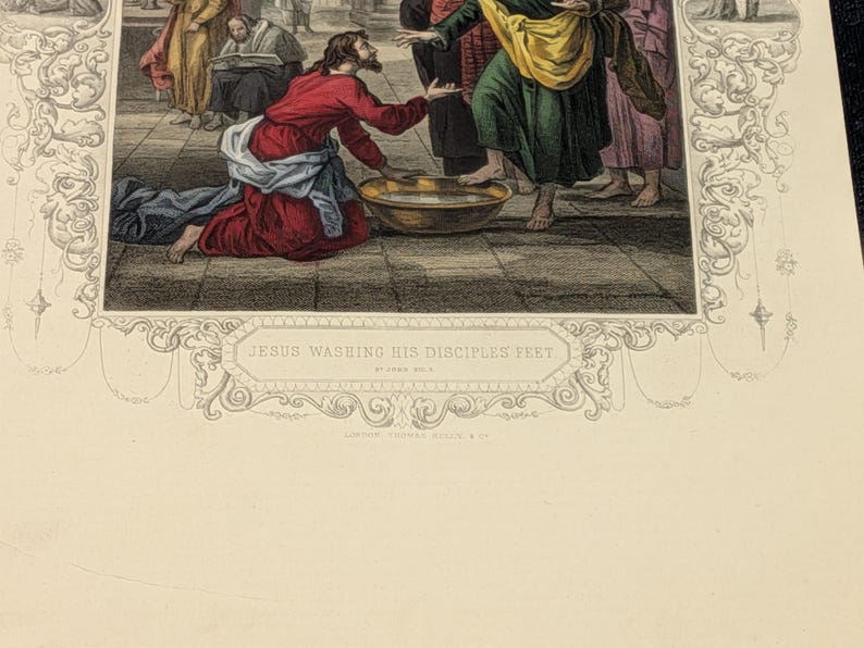 Antique Victorian Hand Coloured Engraving c.1860 – “Jesus Washing His Disciples' Feet” – Biblical Hand Painted Print