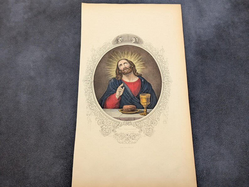 Antique Victorian Hand Coloured Engraving c.1860 – “The Redeemer” – Biblical Hand Painted Print