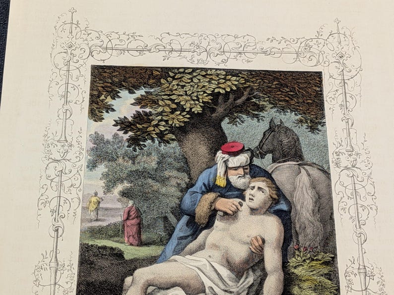Antique Victorian Hand Coloured Engraving c.1860 – “The Good Samaritan” – Biblical Hand Painted Print