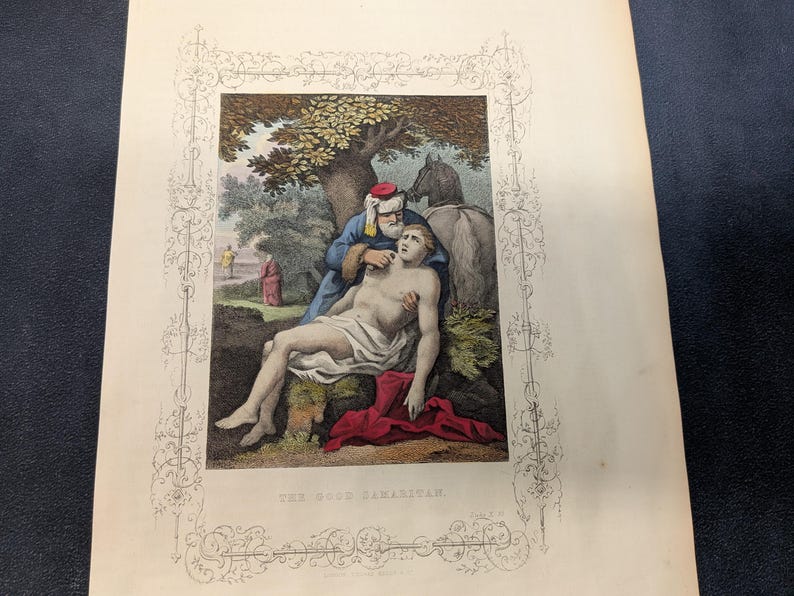 Antique Victorian Hand Coloured Engraving c.1860 – “The Good Samaritan” – Biblical Hand Painted Print