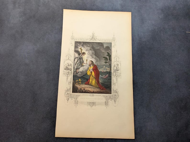 Antique Victorian Hand Coloured Engraving c.1860 – “Chtist Praying In The Garden” – Biblical Hand Painted Print