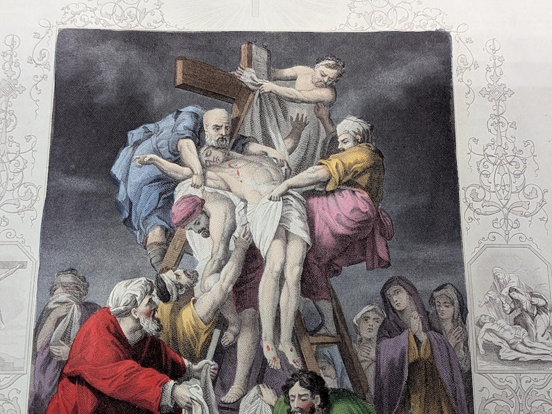Antique Victorian Hand Coloured Engraving c.1860 – “The Descent From The Cross” – Biblical Hand Painted Print