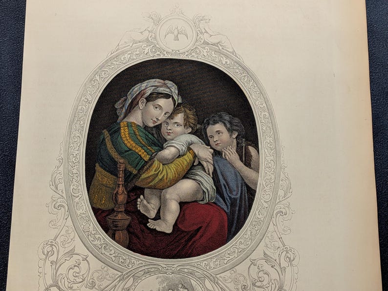 Antique Victorian Hand Coloured Engraving c.1860 – “Infant Christ Virgin & St John” – Biblical Hand Painted Print