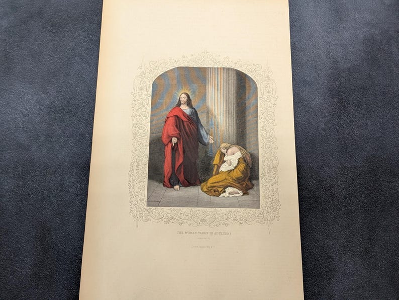 Antique Victorian Hand Coloured Engraving c.1860 – “The Woman Taken In Adultery” – Biblical Hand Painted Print