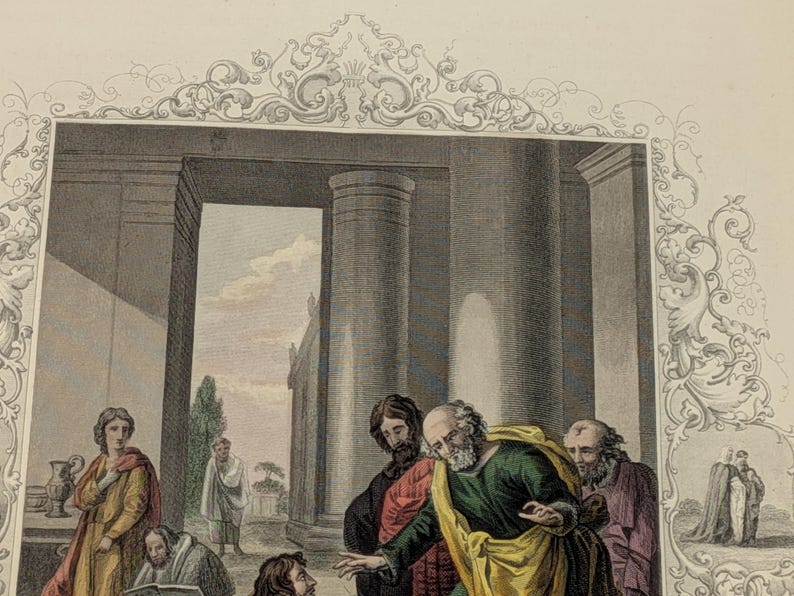 Antique Victorian Hand Coloured Engraving c.1860 – “Jesus Washing His Disciples' Feet” – Biblical Hand Painted Print