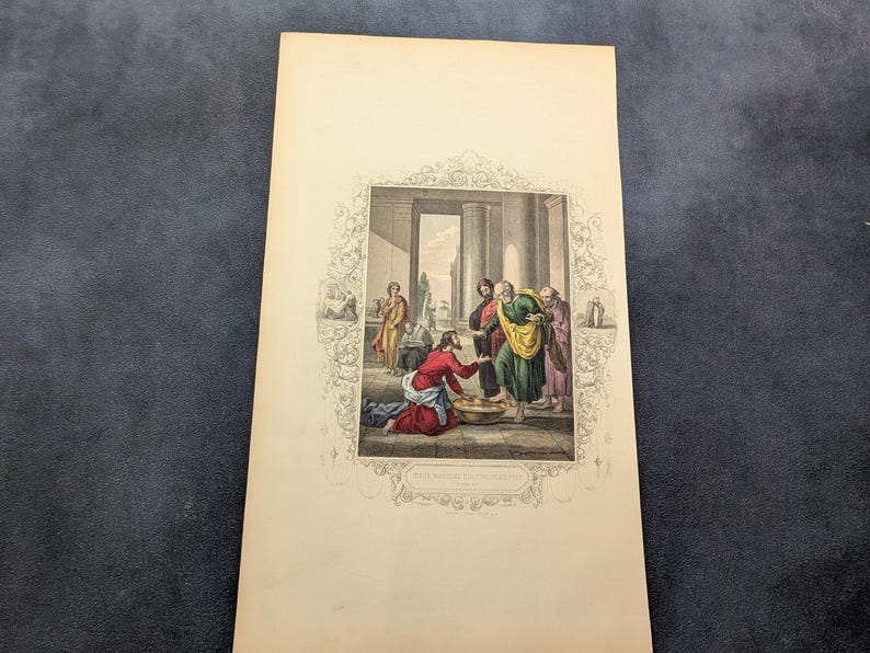 Antique Victorian Hand Coloured Engraving c.1860 – “Jesus Washing His Disciples' Feet” – Biblical Hand Painted Print