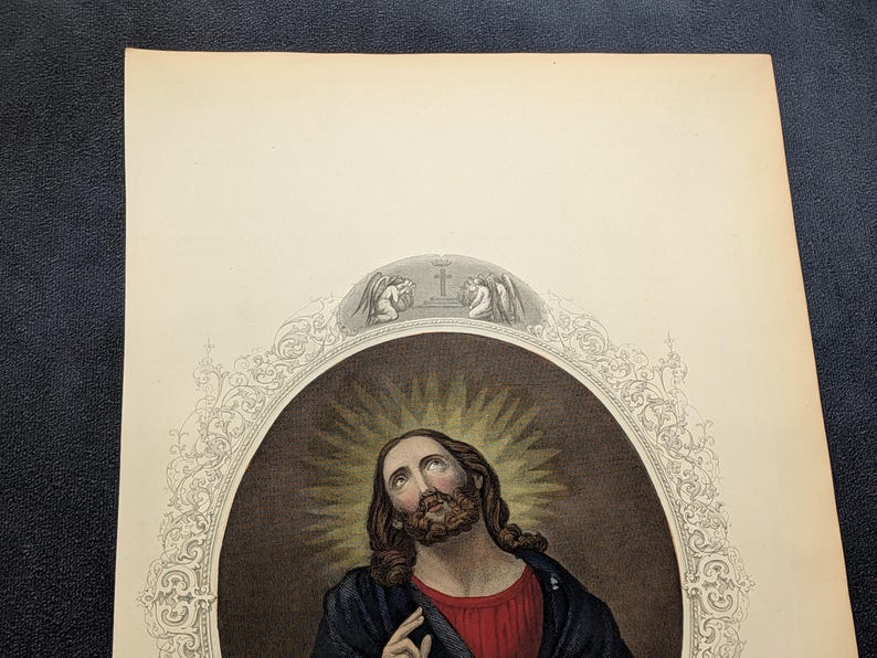 Antique Victorian Hand Coloured Engraving c.1860 – “The Redeemer” – Biblical Hand Painted Print