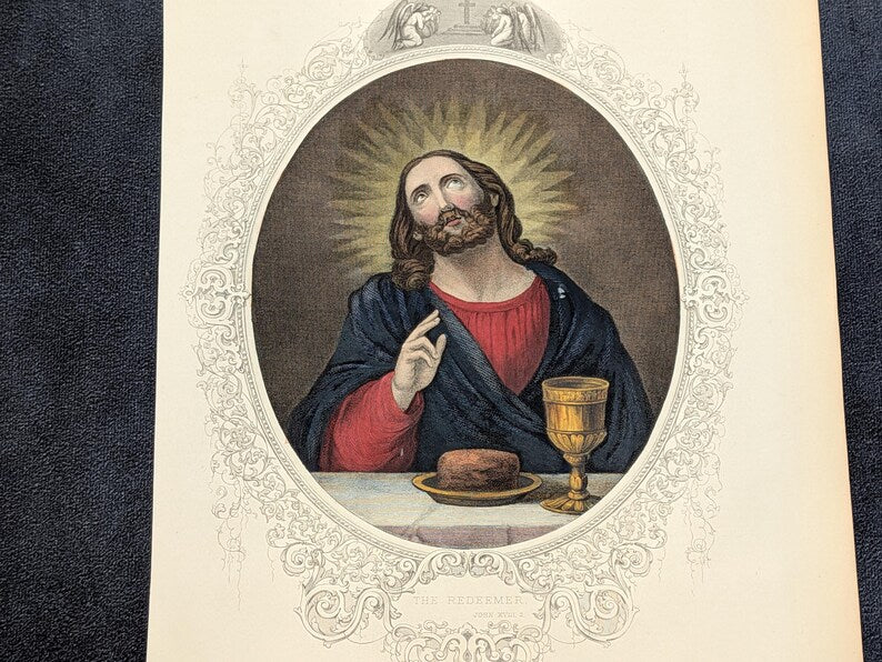 Antique Victorian Hand Coloured Engraving c.1860 – “The Redeemer” – Biblical Hand Painted Print